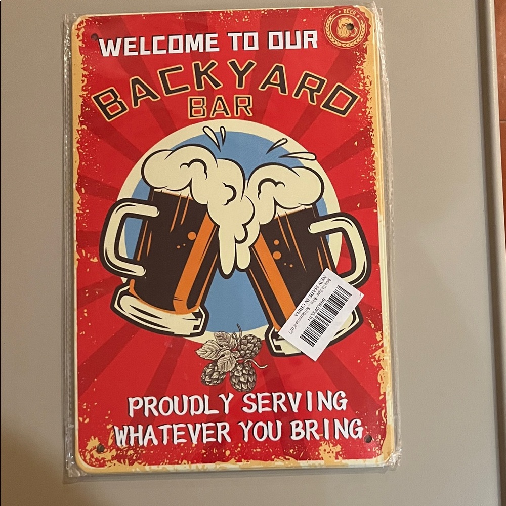 Retro Backyard Bar Metal Sign - Red and Cream